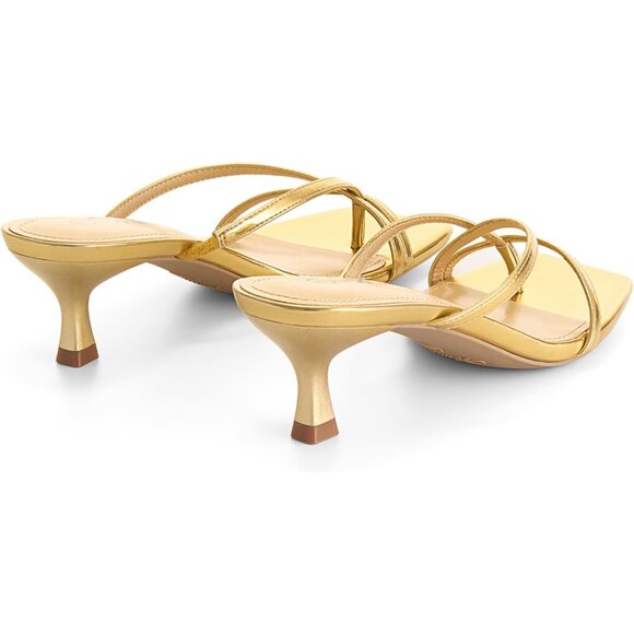 Athlefit Women's Gold Polyurethane Square Open Toe Kitten Heels Thong Sandals - Picture 5 of 6